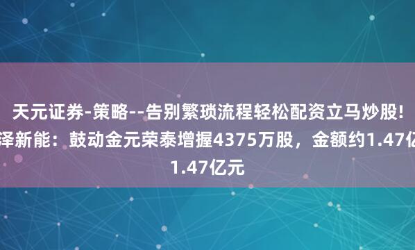 天元证券-策略--告别繁琐流程轻松配资立马炒股! 嘉泽新能：鼓动金元荣泰增握4375万股，金额约1.47亿元